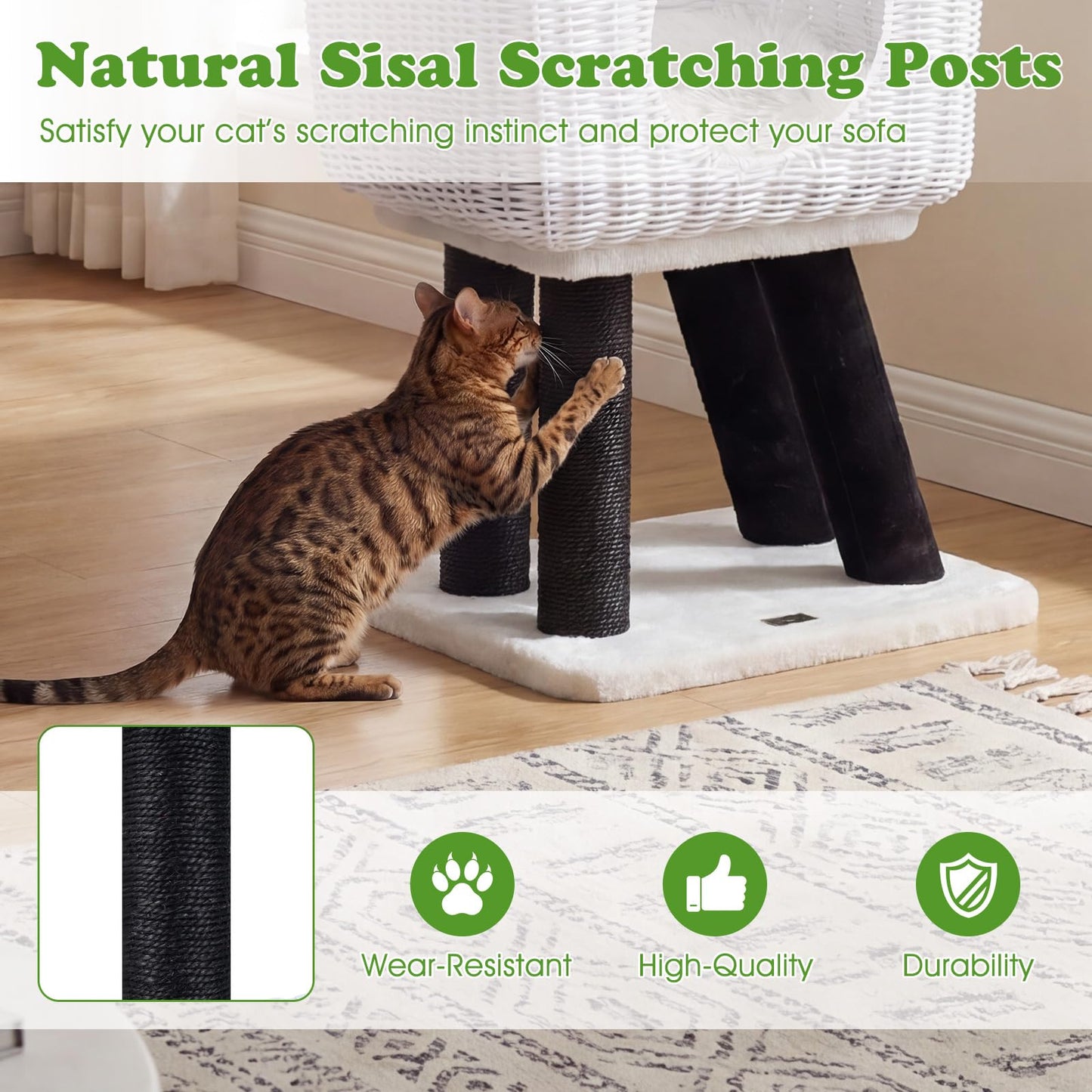 Cat Tree 110cm Lamb-Shaped Cat Tower with 2-Door Rattan Condo Sisal Scratching Posts