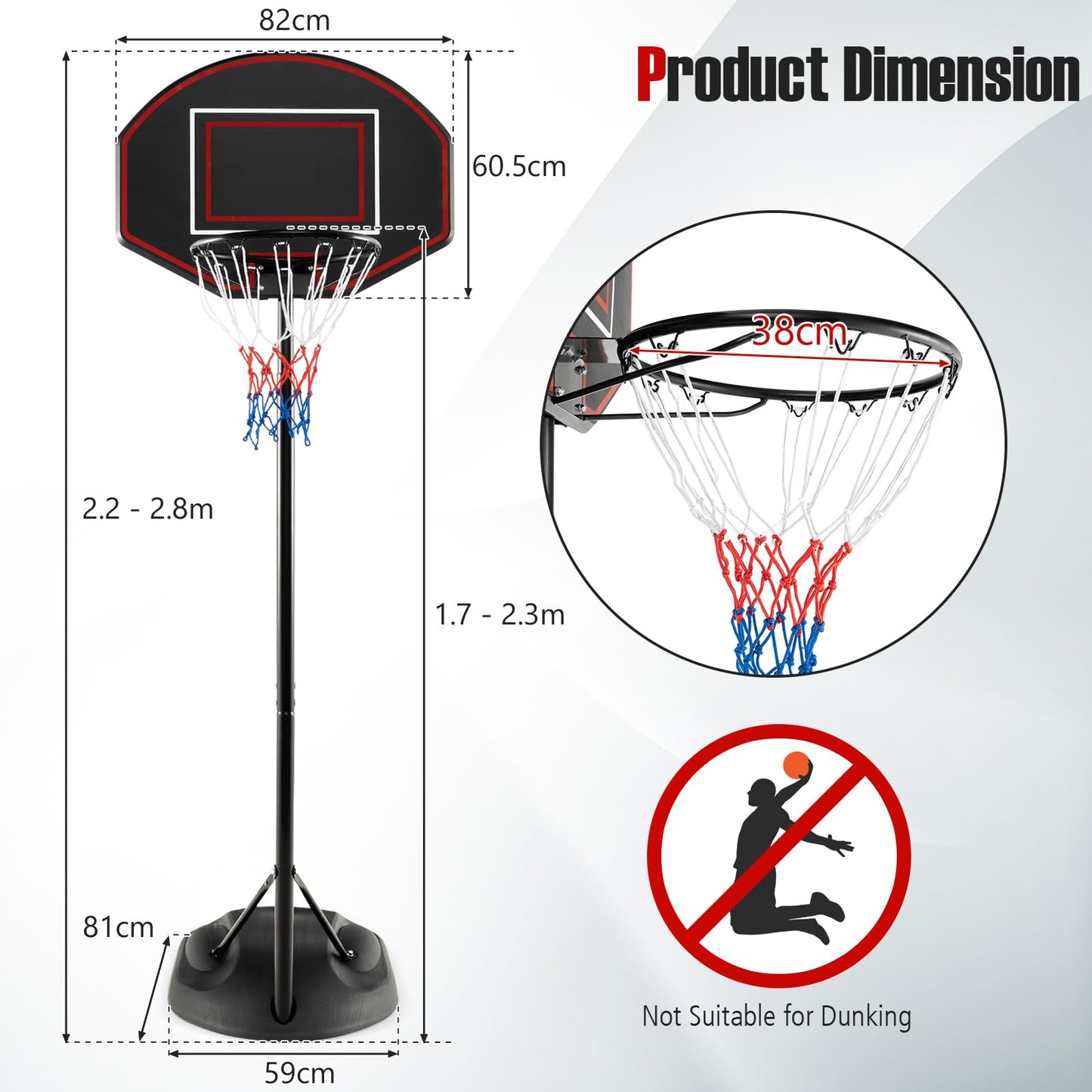 1.67 m-2.28 m Portable Basketball Hoop System with Anti-Rust Stand