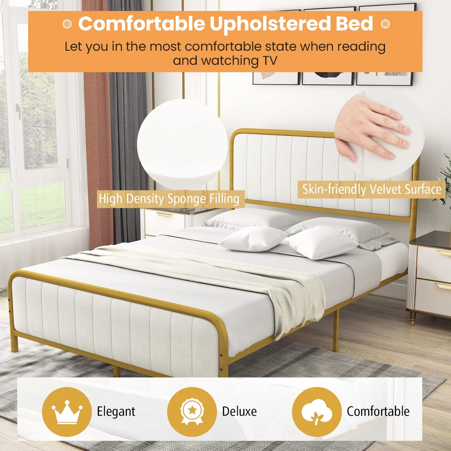 Upholstered Full Size Bed Frame, Double Metal Platform Bed with Velvet Headboard