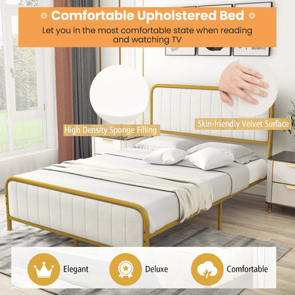 Upholstered Full Size Bed Frame, Double Metal Platform Bed with Velvet Headboard