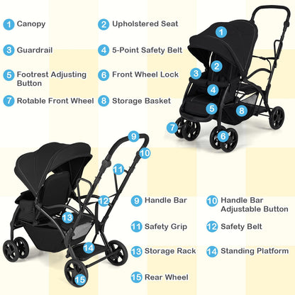 Sit and Stand Stroller, Double Baby Pushchair with Adjustable Canopy