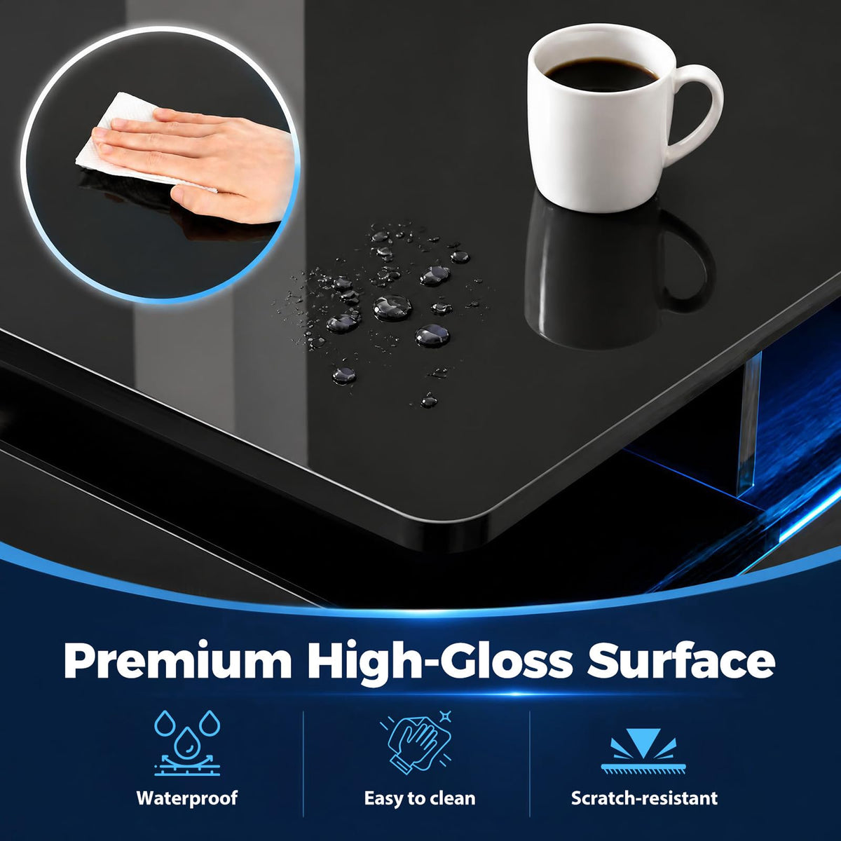 90 CM High LED Coffee Table with 2 Storage Drawers and 20-Color LED Lights