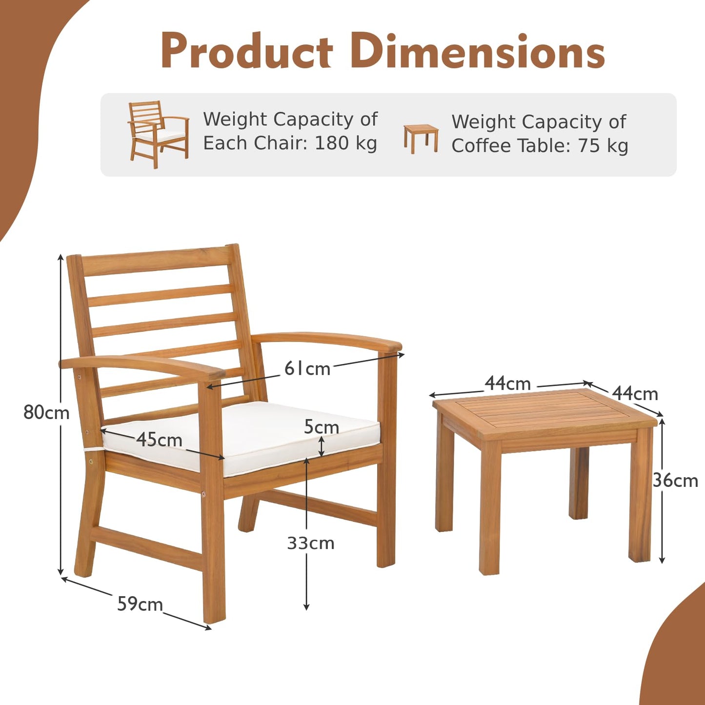 3-Piece Patio Bistro Set Acacia Wood Garden Furniture Set with Coffee Table 2 Armchairs