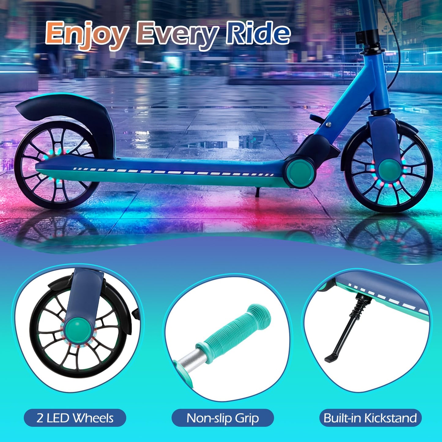 Folding Kick Scooter, 2 Flash Wheels Scooter with 3-Level Adjustable Handlebar and Rear Foot Brake