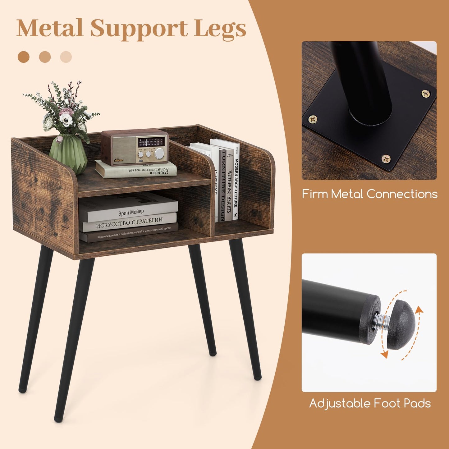 2-Tier Mid Century Modern Nightstand with Open Shelves