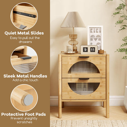 Bamboo Nightstand Mid-century Modern Bedside Table with 2 Storage Drawers