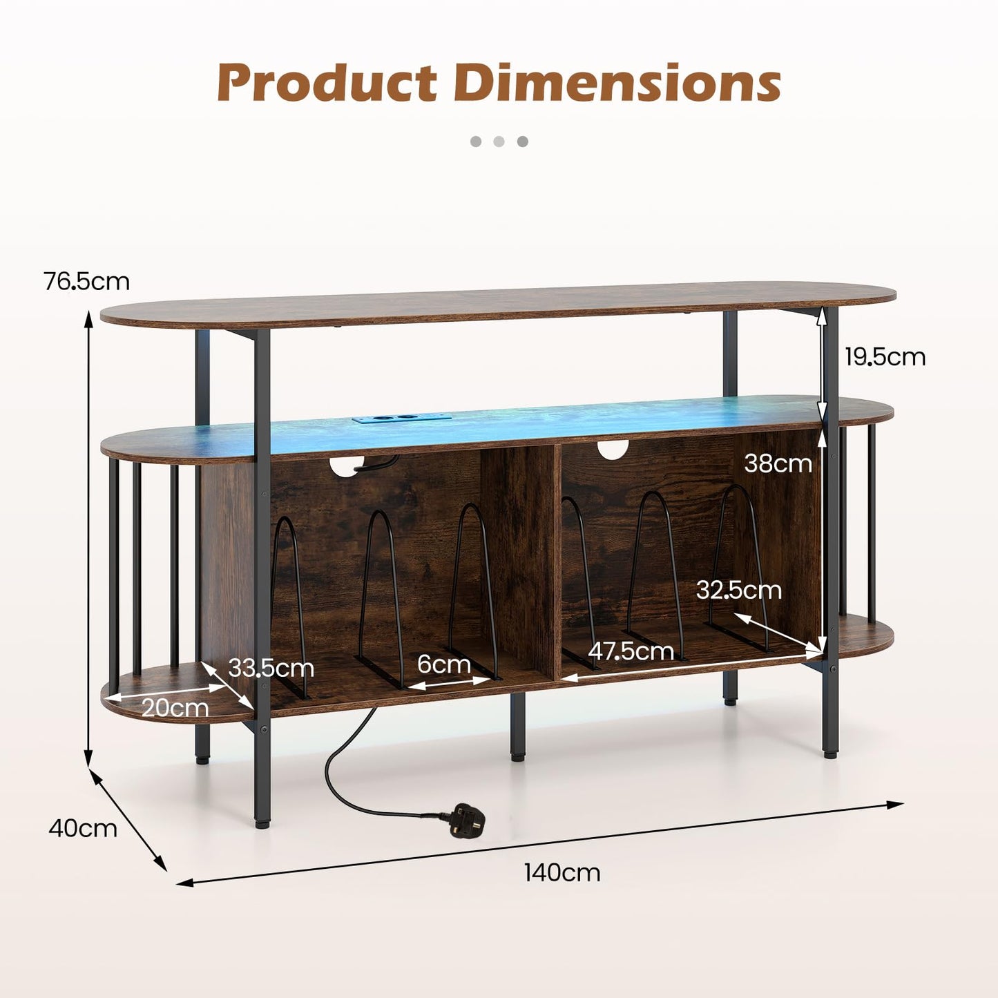 Record Player Stand with Charging Station,LED Lights
