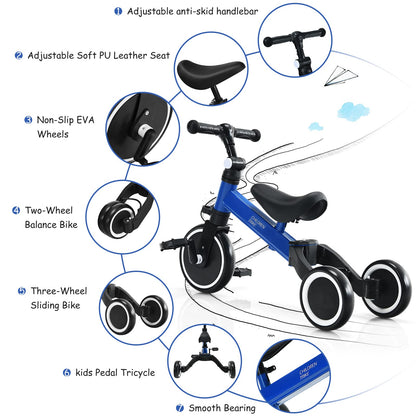 3 in 1 Kids Trike, Folding Baby Tricycle with Adjustable Handlebar and PU Seat