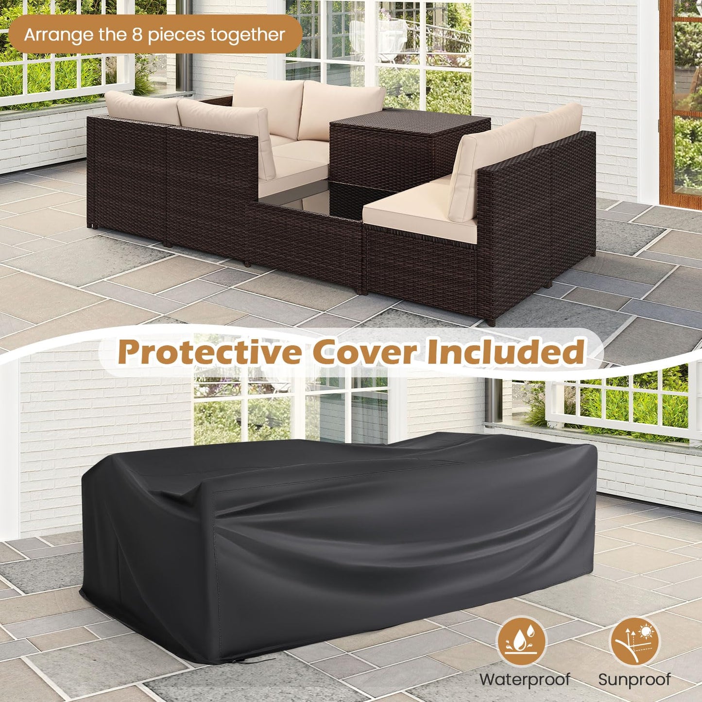 8 PCS Garden Rattan Corner Patio Conversation Sofa Set with Tempered Glass Coffee Table
