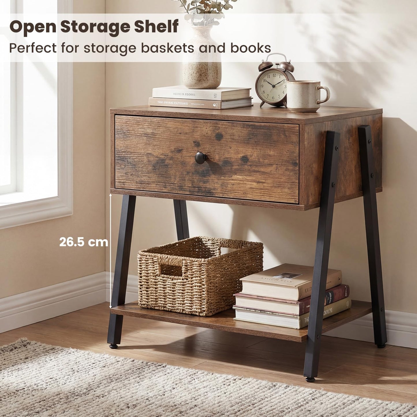 Bedside Table with Drawer, Industrial Nightstand End Sofa Side Table with Open Storage Shelf