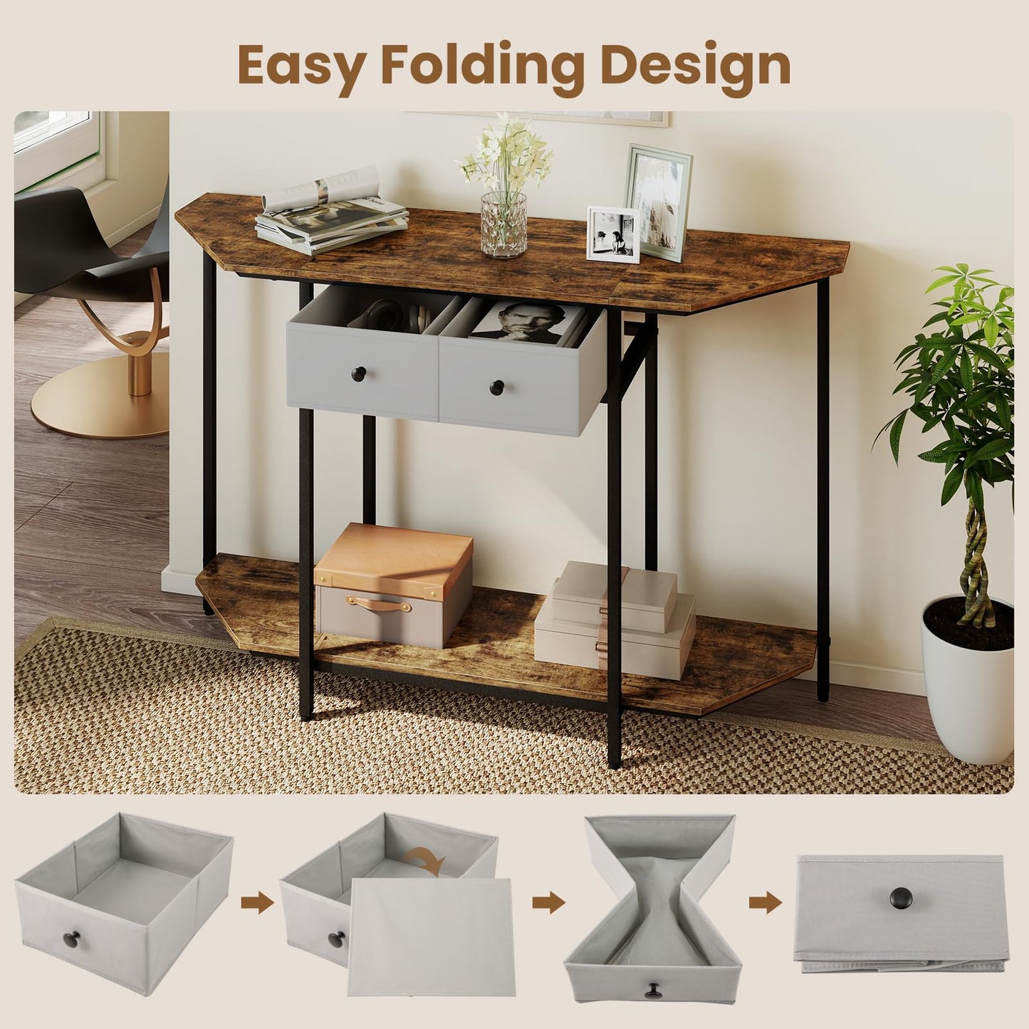 2-Tier Console Table Industrial Narrow Sofa Side Table with 2 Drawers and Shelf