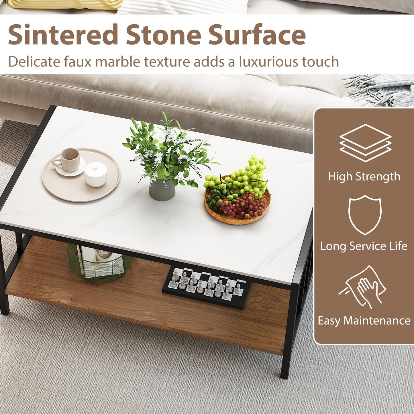 Giantex 2-Tier Coffee Table Rectangular Faux Marble Cocktail Center Accent Tea End Sofa Side Table
