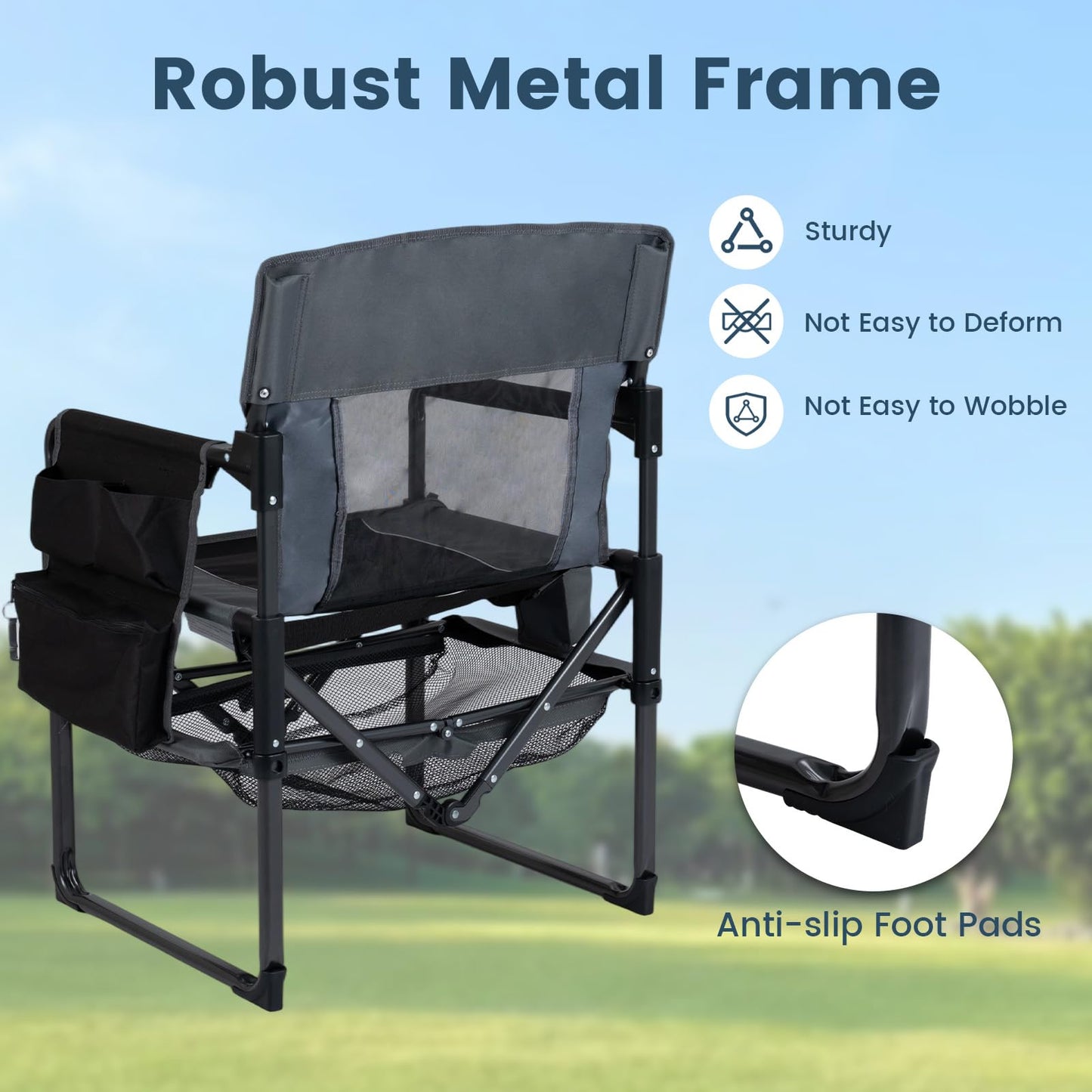 Folding Directors Chair, Oversized Camping Chairs (Black+Gray) | Cup Holder, Side Pocket, Bottle Opener