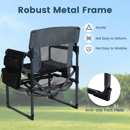 Folding Directors Chair, Oversized Camping Chairs (Black+Gray) | Cup Holder, Side Pocket, Bottle Opener