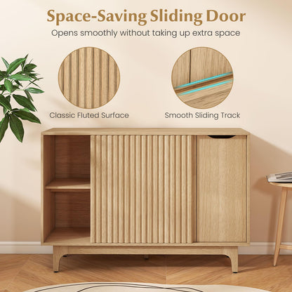 Kitchen Sideboard, Fluted Wooden Storage Cabinet with Adjustable Shelves