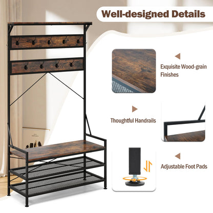 4 In 1 Coat Rack with 11 Hanging Hooks and Shoe Bench for Mudroom