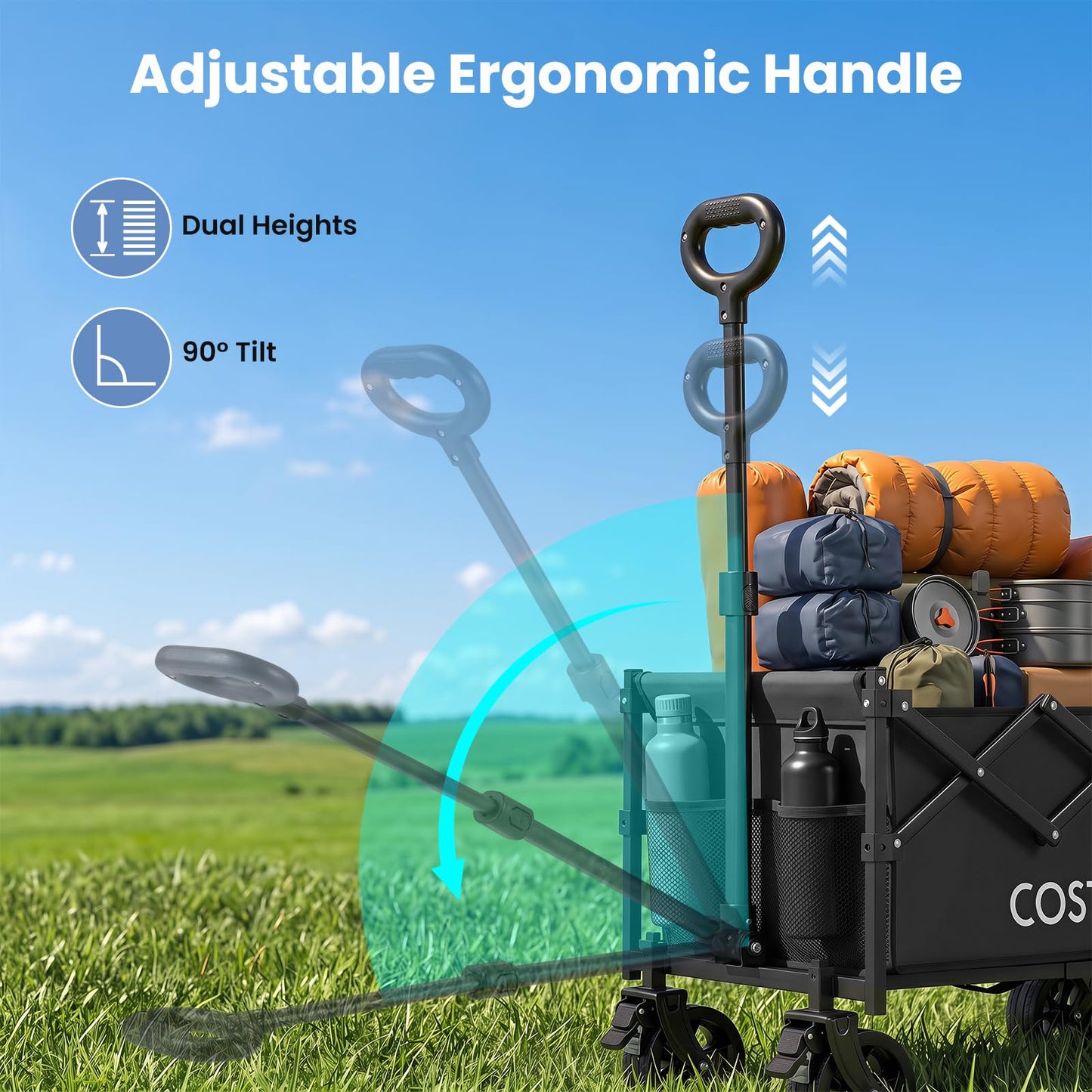63-92L Folding Trolley Cart, 150kg Load, Adjustable Handle