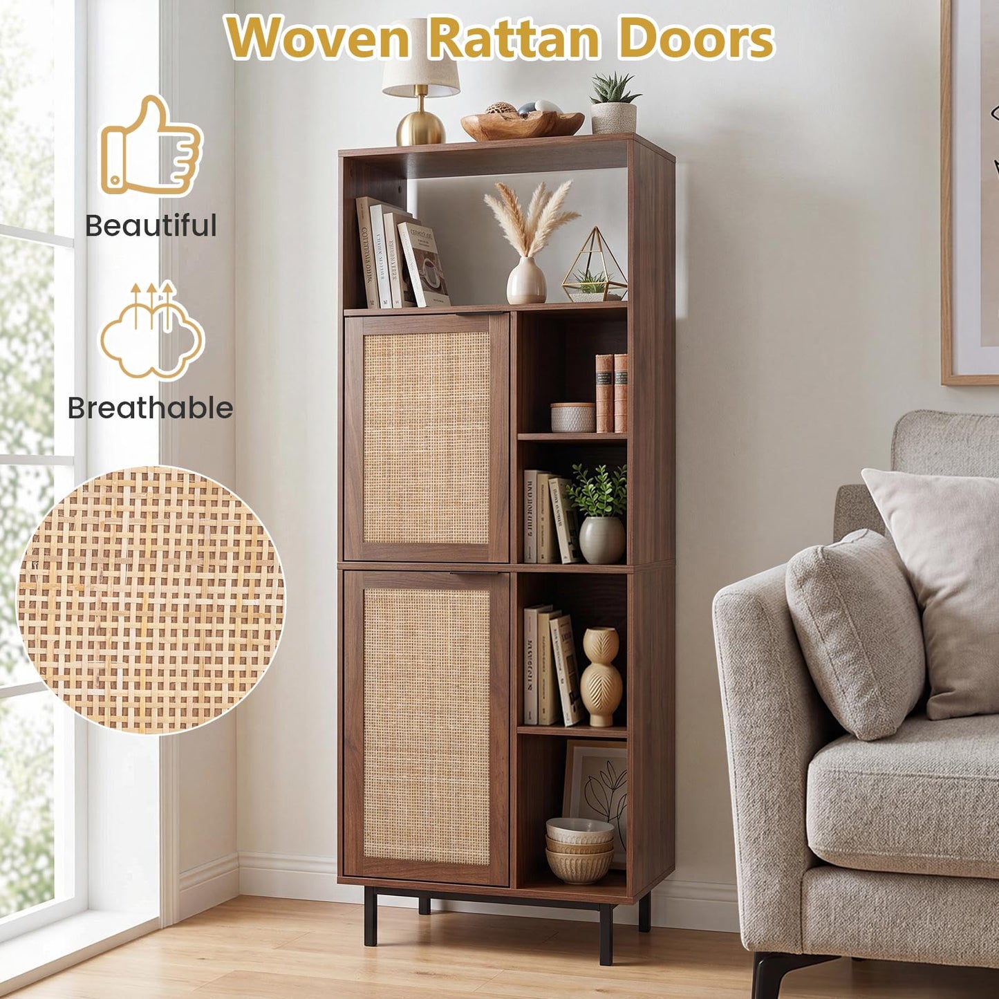 120 cm Storage Cabinet with 2 Rattan Doors & 5 Compartments