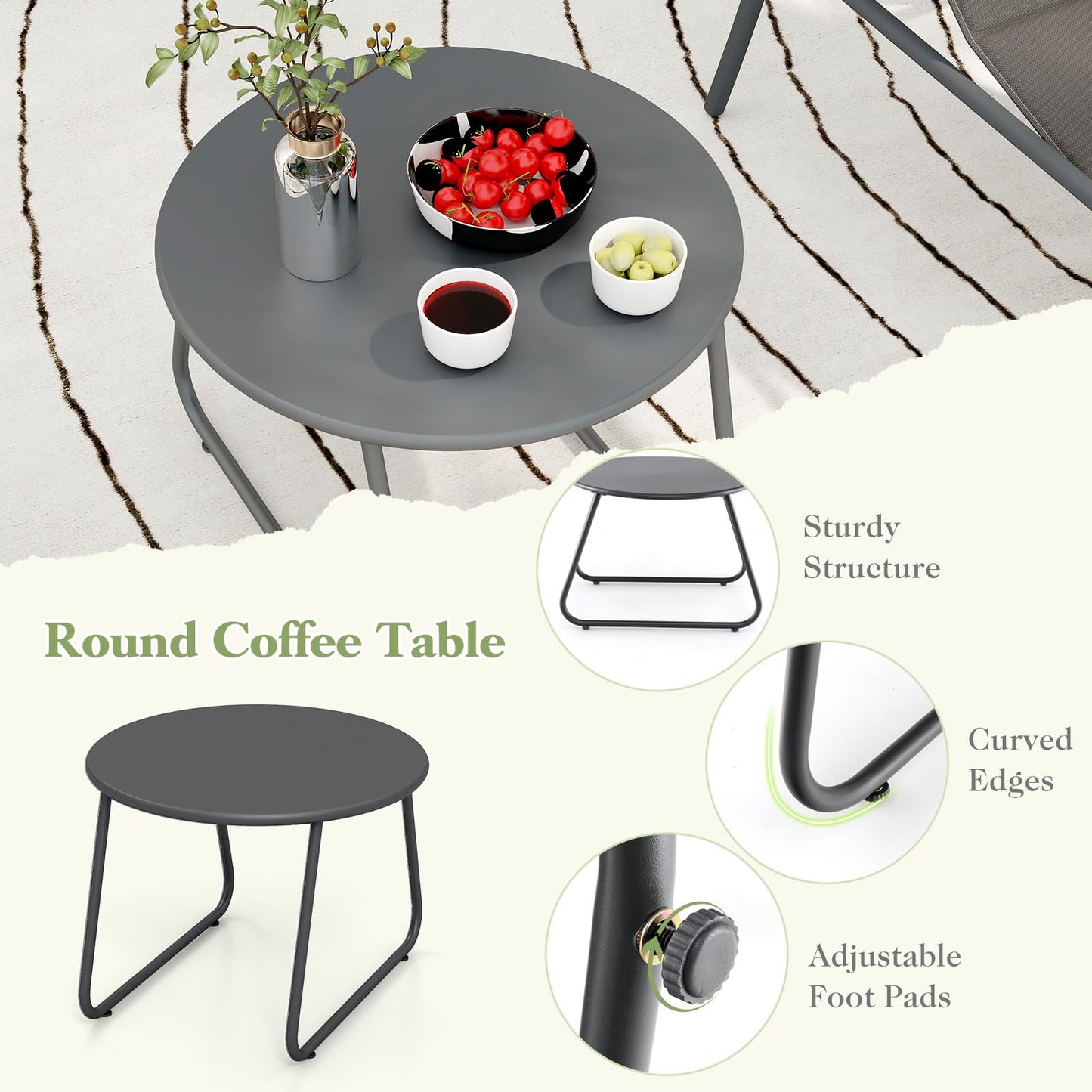 Metal Frame Chair and Coffee Table Set with Cozy Headrest & Storage Bag