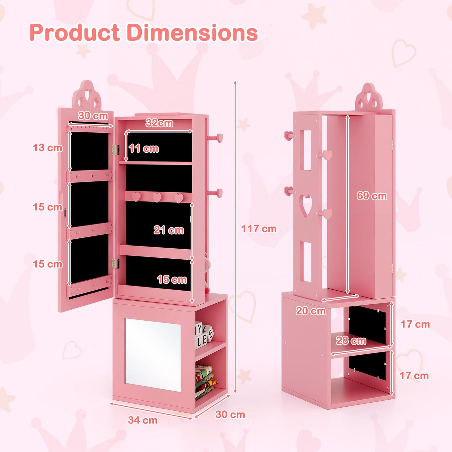 Kids Jewelry Armoire Full Length Mirror with Coat Rack and Storage Shelves