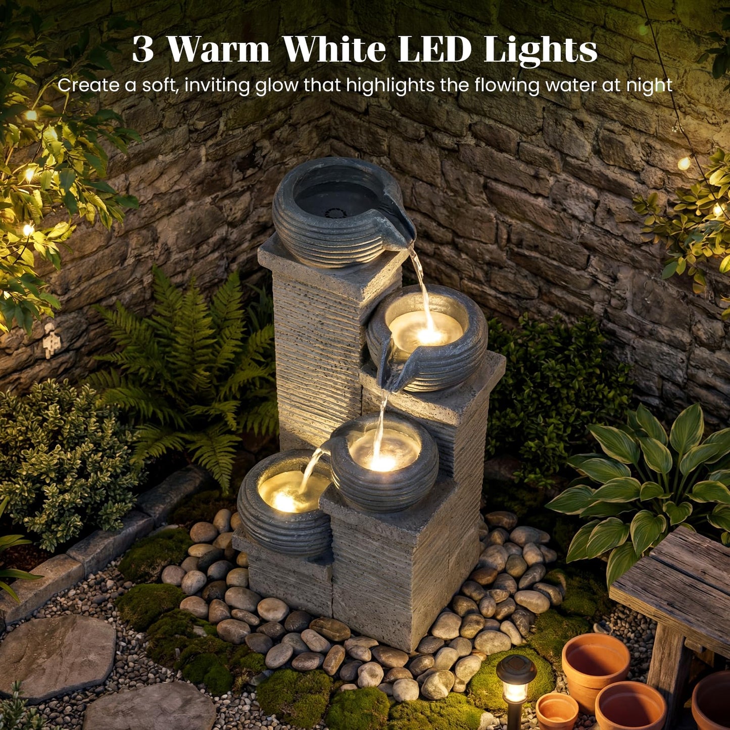 4-Tier Outdoor Water Fountain, Cascading Waterfall Fountain with 3 LED Lights
