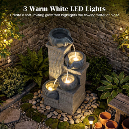 4-Tier Outdoor Water Fountain, Cascading Waterfall Fountain with 3 LED Lights