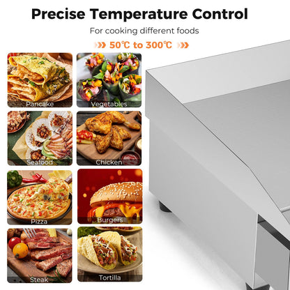 Countertop Electric Griddle 2800W 240V Commercial Stainless Steel Grill with 50℃-300℃ Adjustable Temp Control