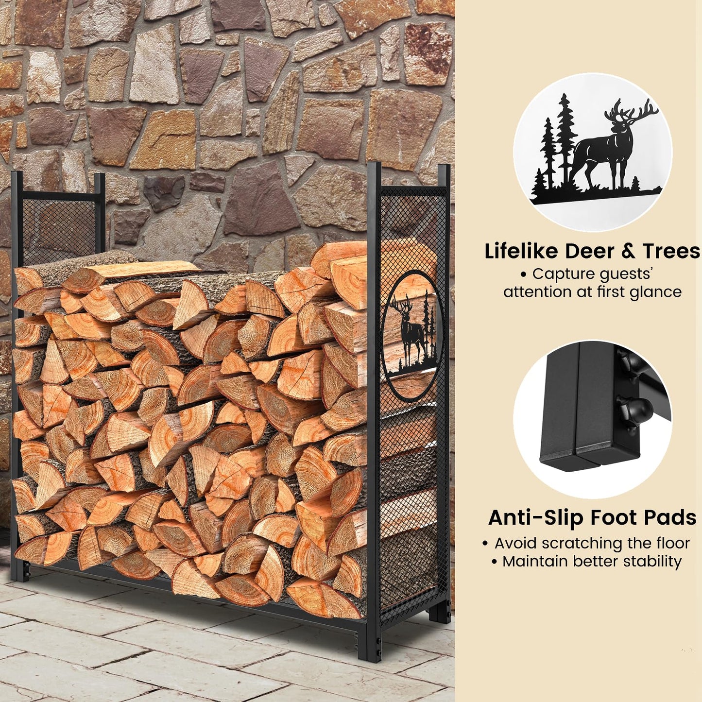 Firewood Rack Stand with Mesh Sides and Deer Tree Patterns