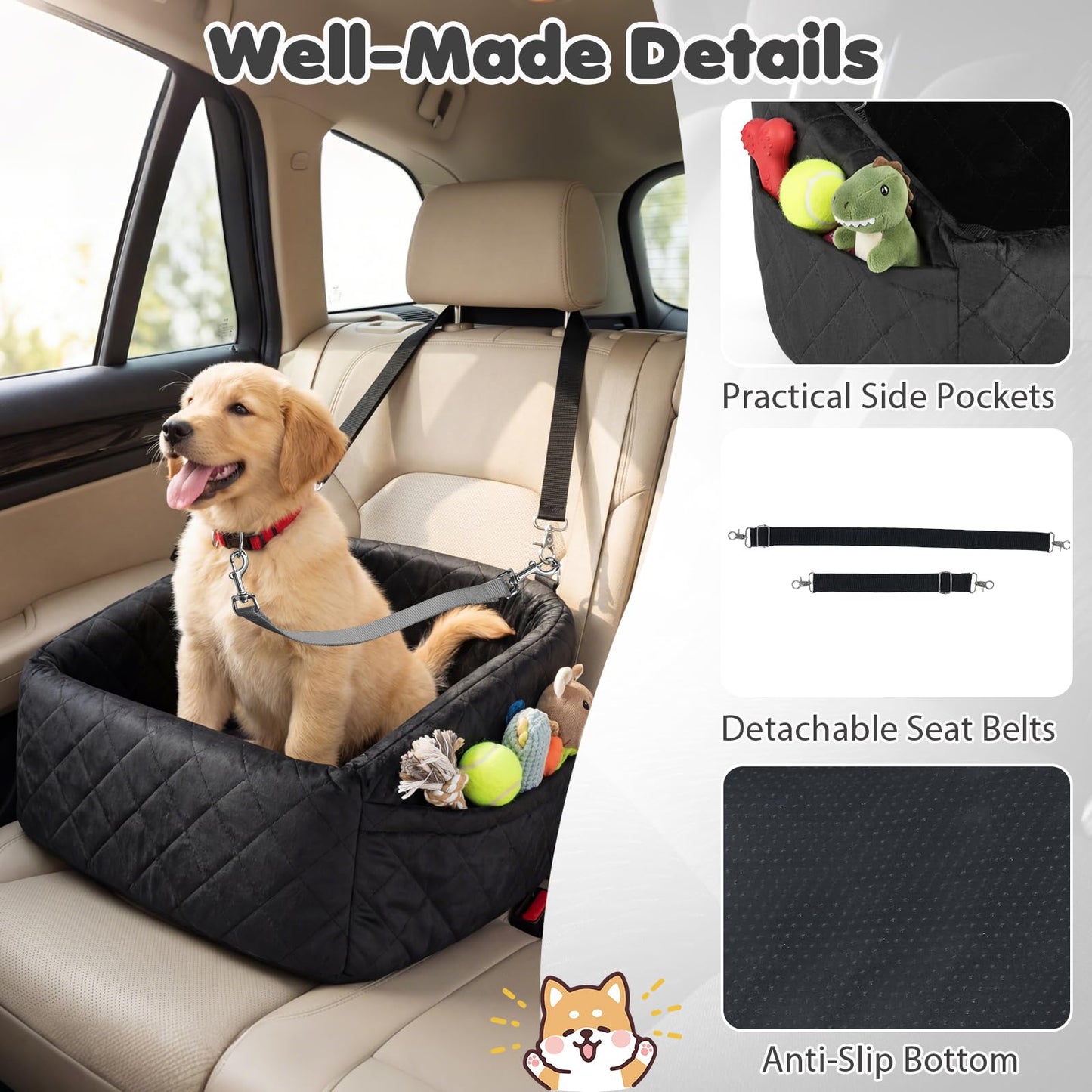 Dog Car Seat, Soft Travel Dog Booster Seat with Safety Straps