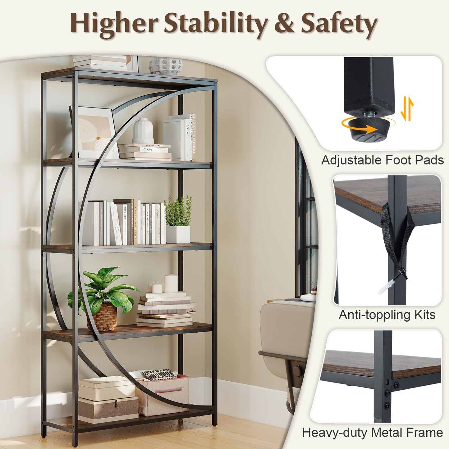 5-Tier Industrial Etagere Bookshelf with Open Storage Shelves and Arc-Shaped Design