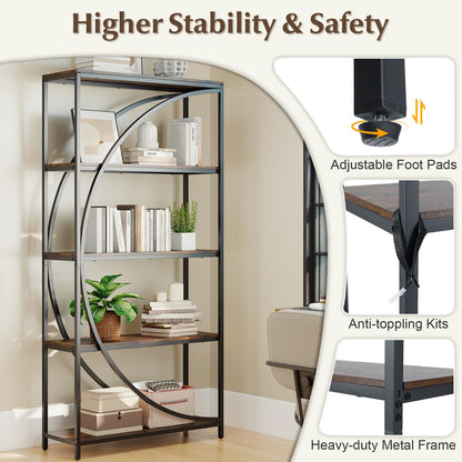 5-Tier Industrial Etagere Bookshelf with Open Storage Shelves and Arc-Shaped Design