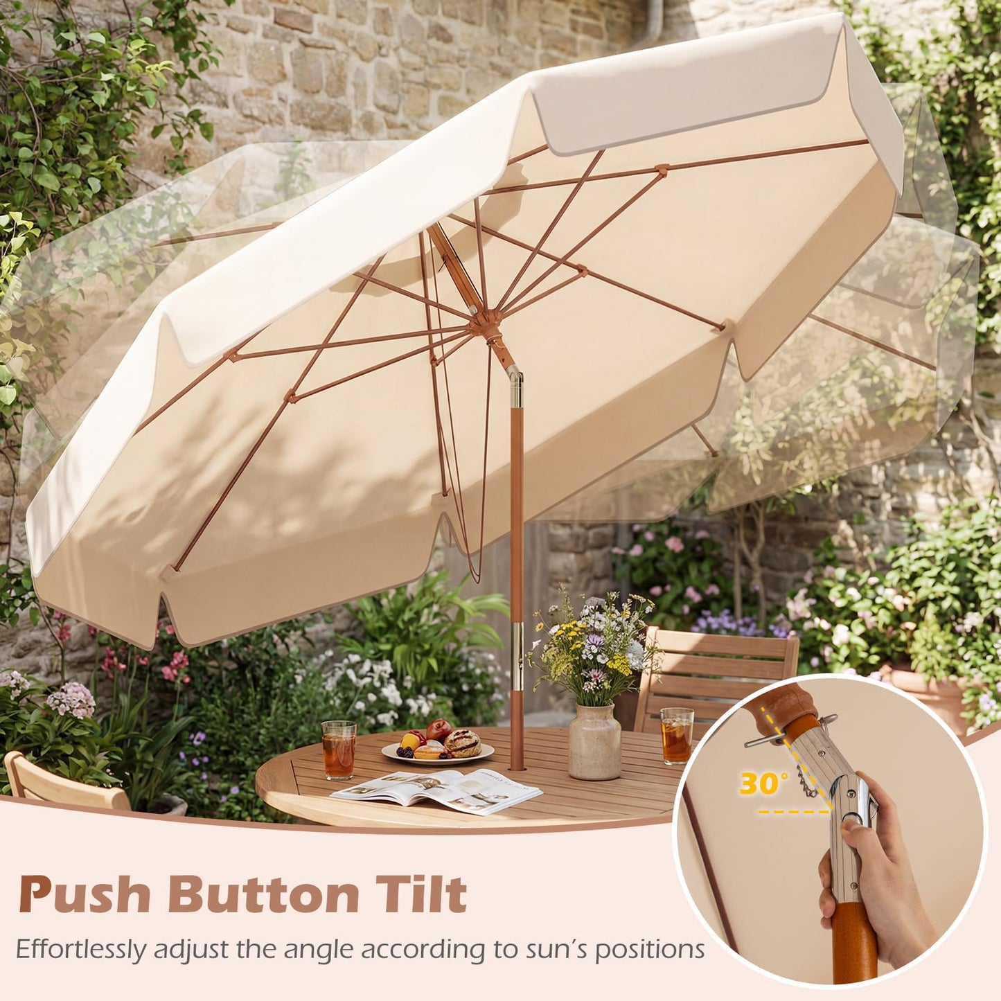 300 cm Scalloped Patio Umbrella Market Table Umbrella with Push Button Tilt