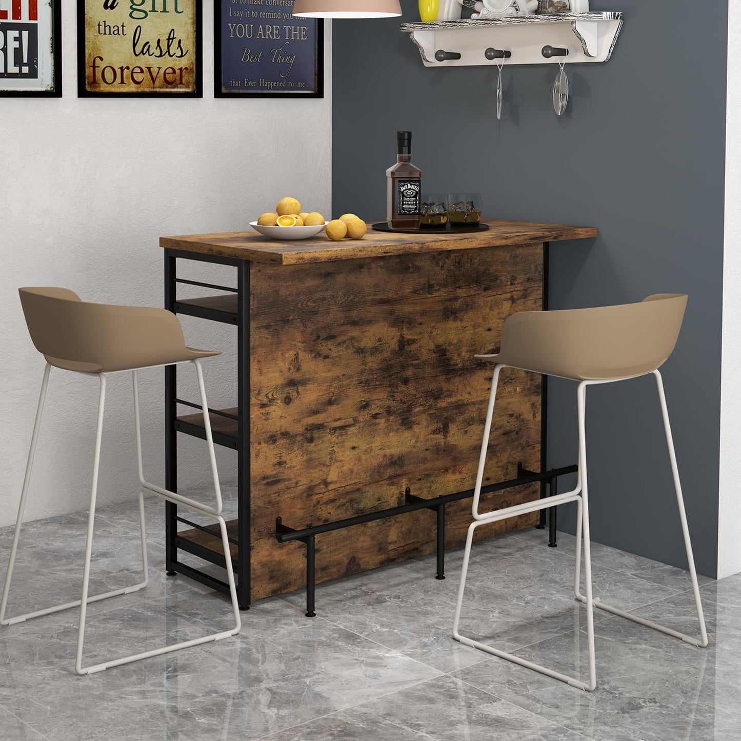 2 in 1 Industrial 4-Tier Bar Table with Storage Shelves