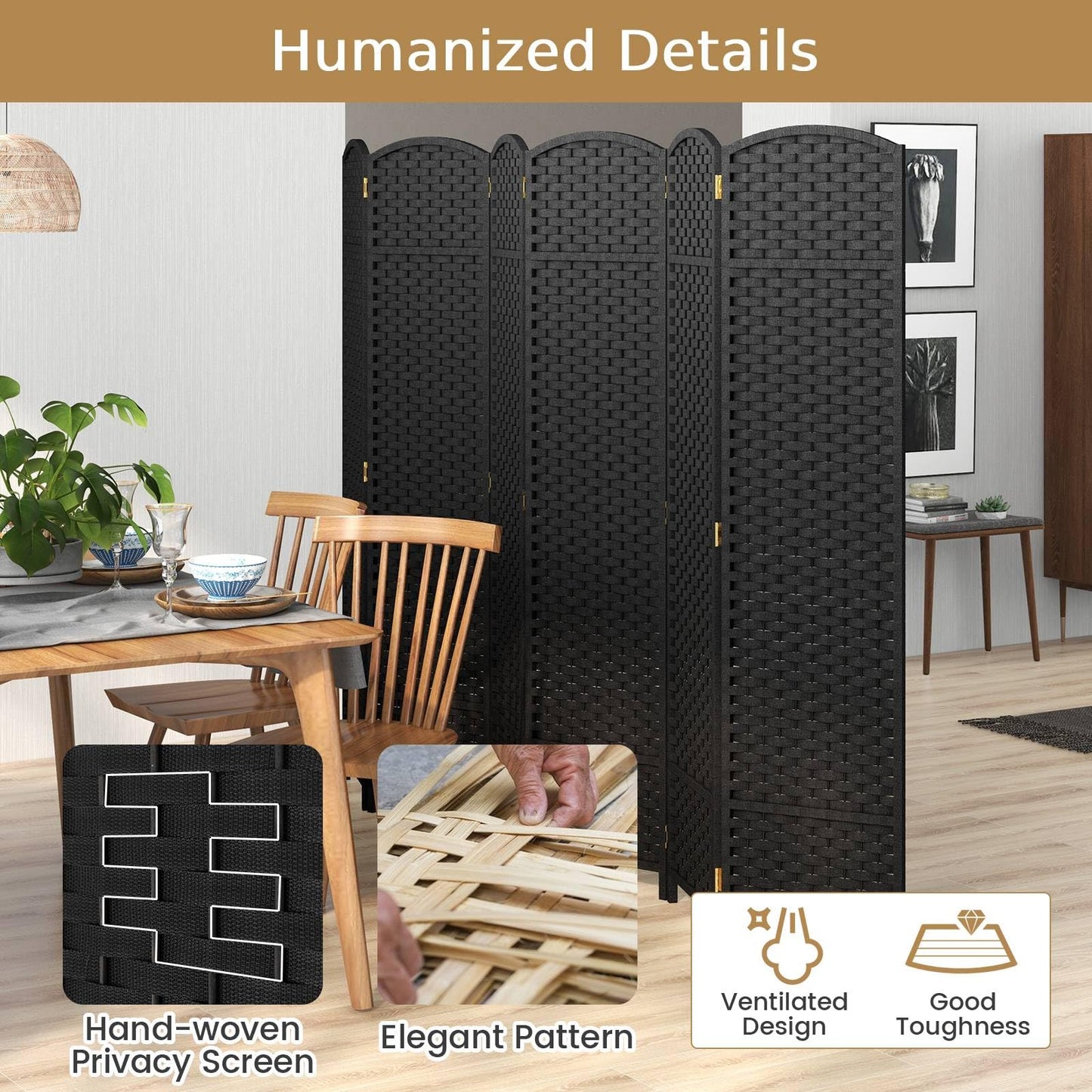 6-Panel Room Divider Folding Privacy Screen with Hand-woven Texture