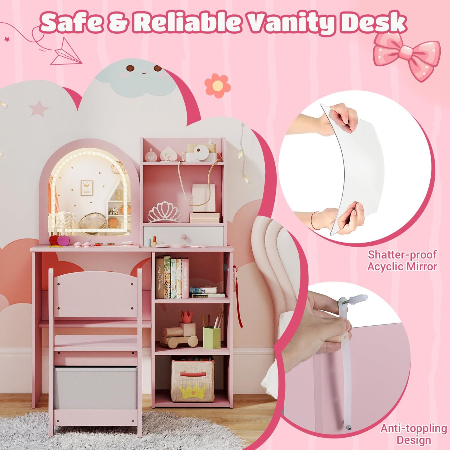 Kids Vanity Table and Chair Set with 3-color Lighted Mirror for 3+ Years Old