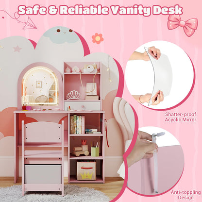 Kids Vanity Table and Chair Set with 3-color Lighted Mirror for 3+ Years Old