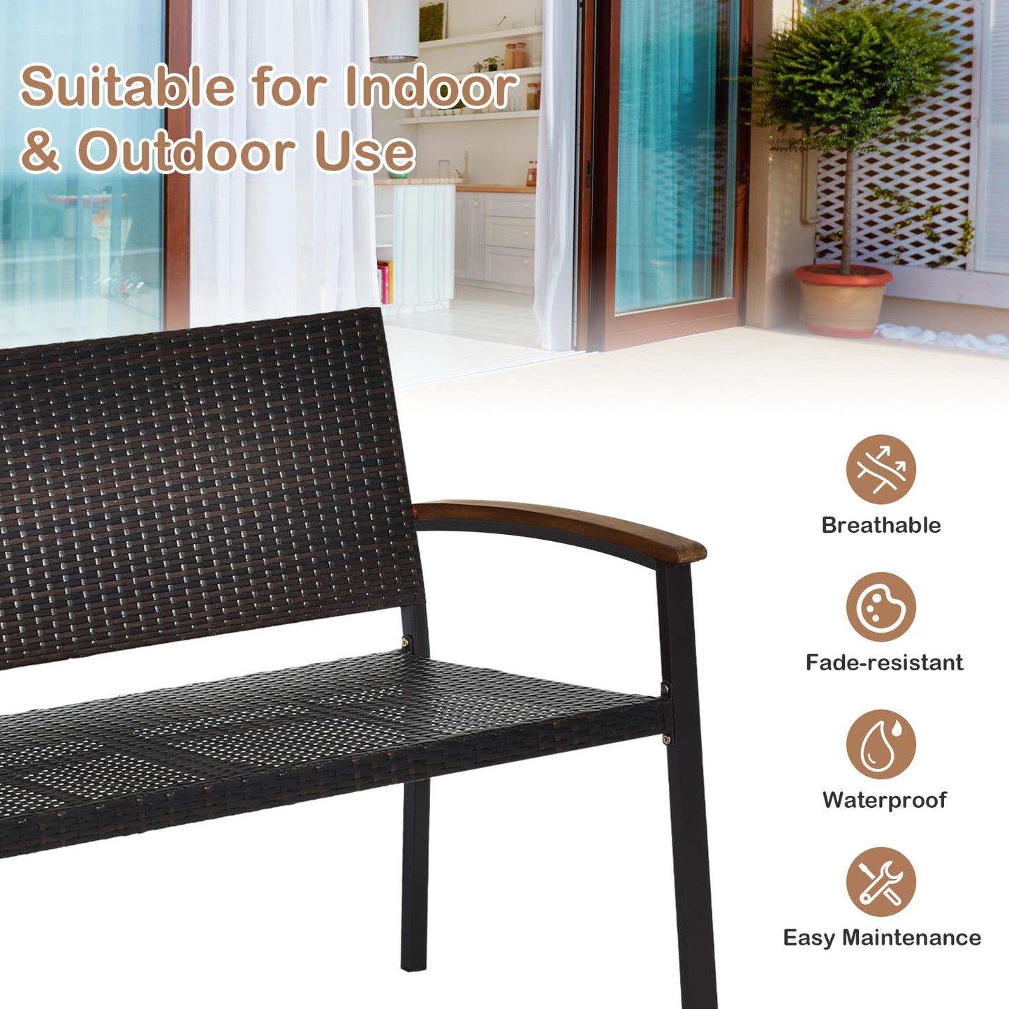 2 Seater Wicker Leisure Loveseat with Acacia Wood Armrests