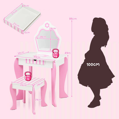 Kids Vanity Table and Stool Set with Mirror and Drawer