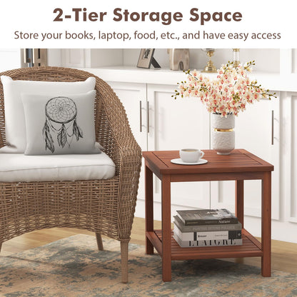 Solid Acacia Wood Outdoor Coffee Table with 2-Tier Storage Shelves
