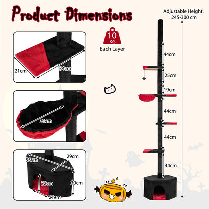 Floor to Ceiling Cat Tree, 5 Tier Tall Cat Tower with 245-300cm Adjustable Height