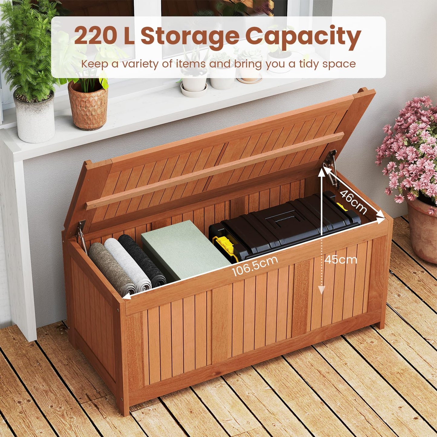 220L Wood Deck Box 3-in-1 Patio Storage Bench Stool with Flip Top for Cushions