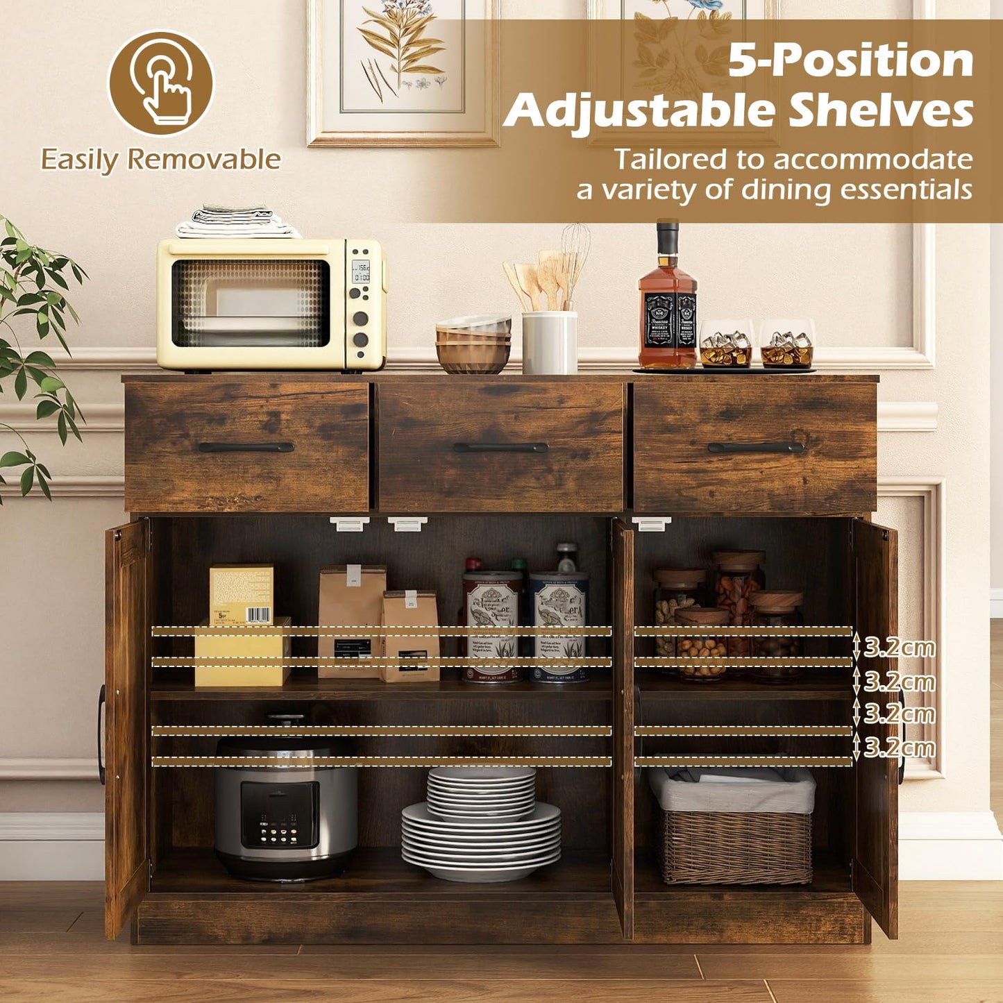 Sideboard Storage Cabinet, Large Kitchen Cupboard with Adjustable Shelf