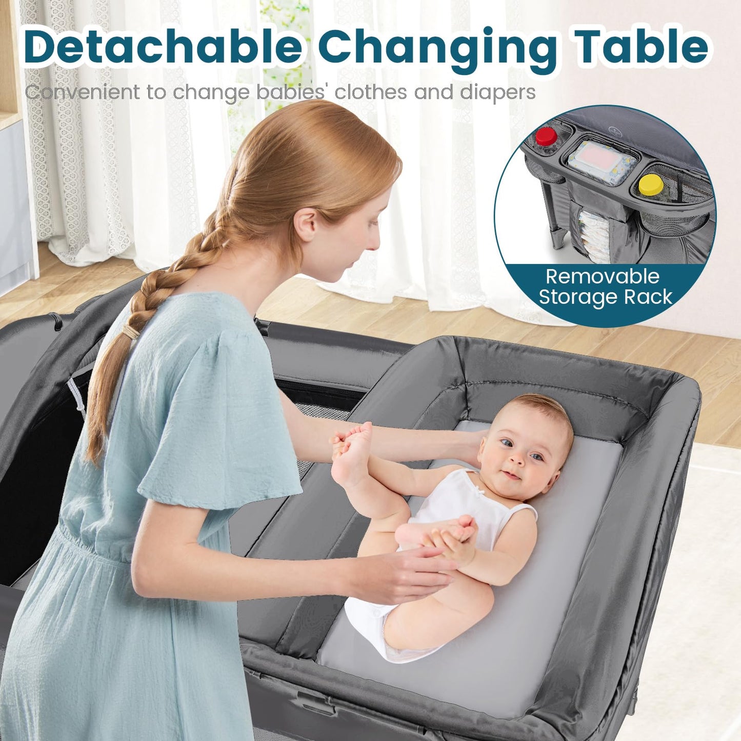 Foldable Pack and Play with 5 Adjustable Heights and Changing Table
