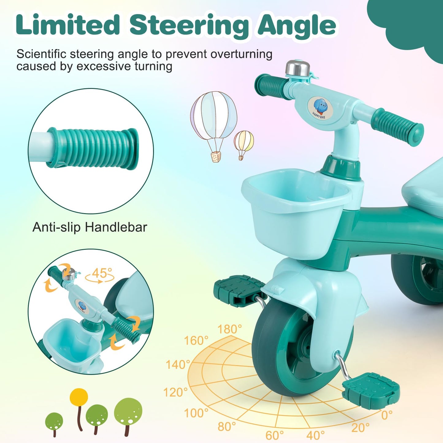 Kids Tricycle, Toddler Trike with Limited Steering, Ergonomic Seat, Bell