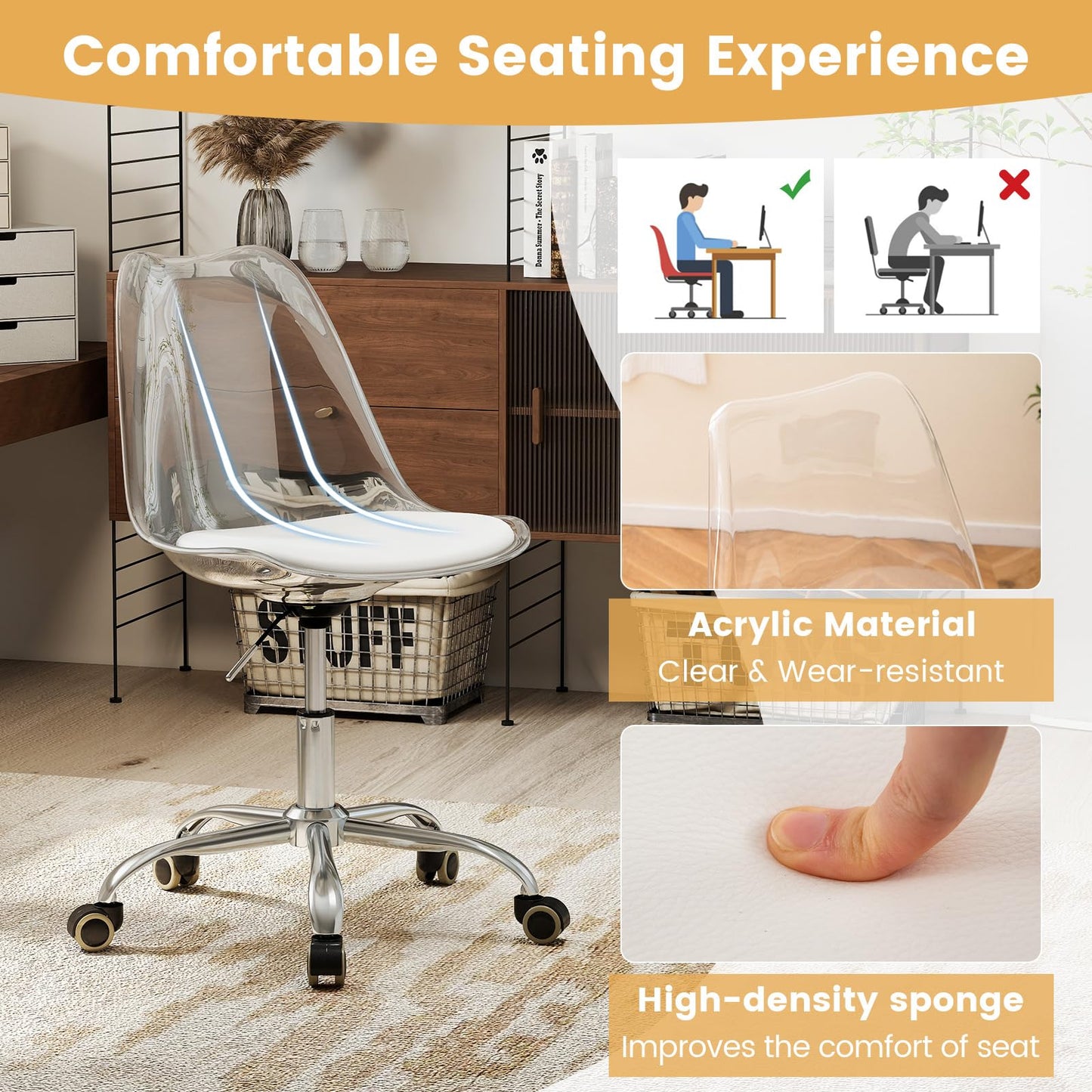Clear Desk Chair Armless Rolling Acrylic Office Chair with Swivel Seat and PU Leather Cushion