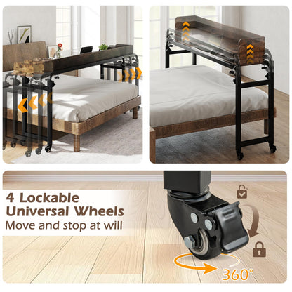 Overbed Table with Wheels, 136-206cm Mobile Over The Bed Table with Anti-Fall Barrier