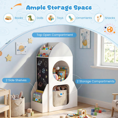 3-Tier Kids Bookshelf Rocket Space Theme Toddler Toy Storage Organizer with Chalkboard