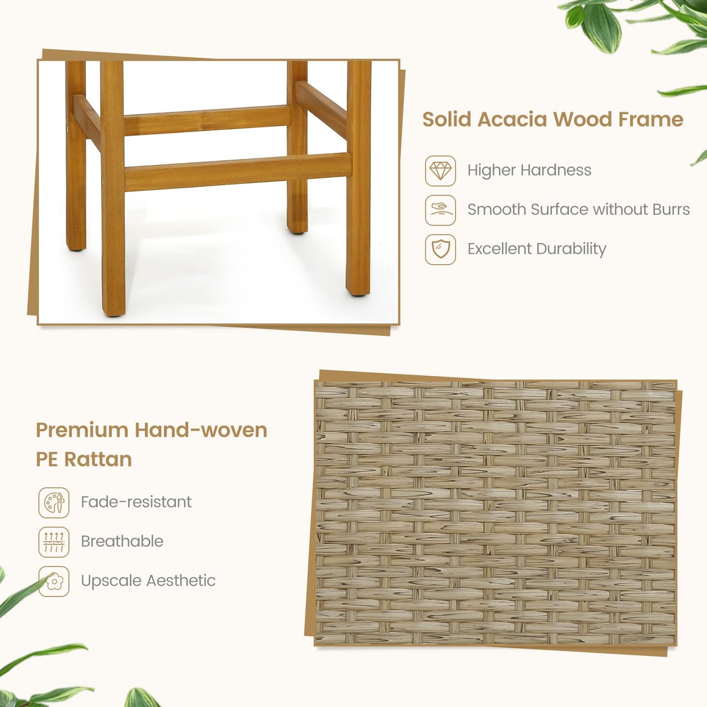 GiantexUK Rattan Garden Bar Stools Set of 2, Acacia Wood Patio Chairs with Curved Seat