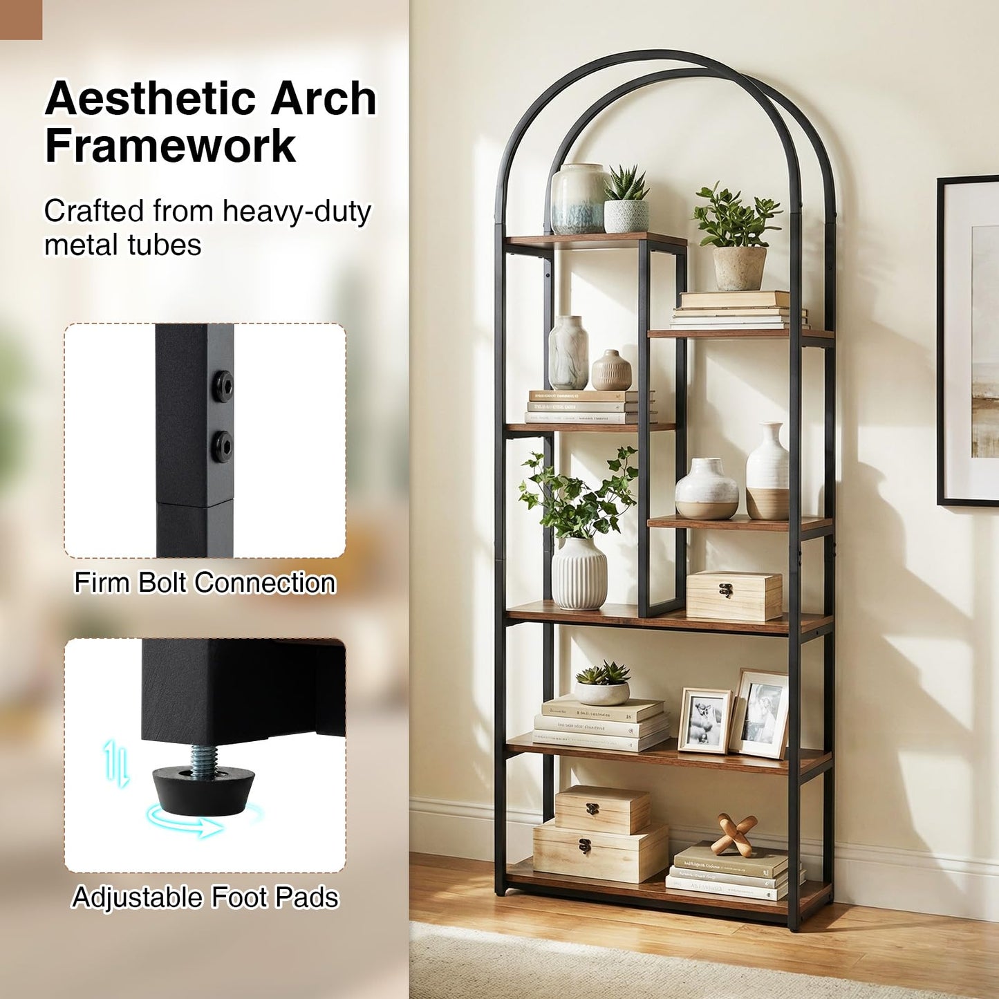 Arched Bookshelf, Metal Frame Bookcase Shelving Unit