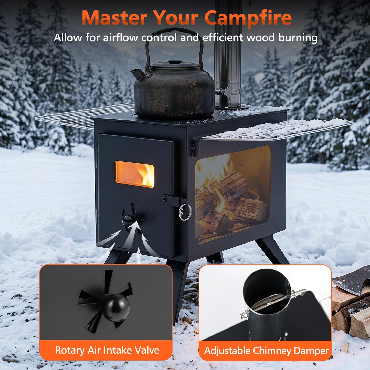 Hot Tent Stove, Camping Tent Stove (Black, 61 x 47 x 257cm) | Stainless Steel Wood Burning Stove